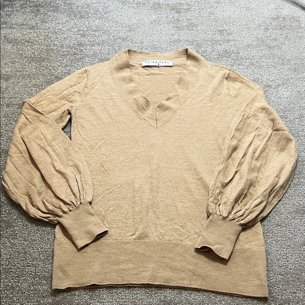 Trina Turk Merino Wool V-Neck Tan Sweater Size XS